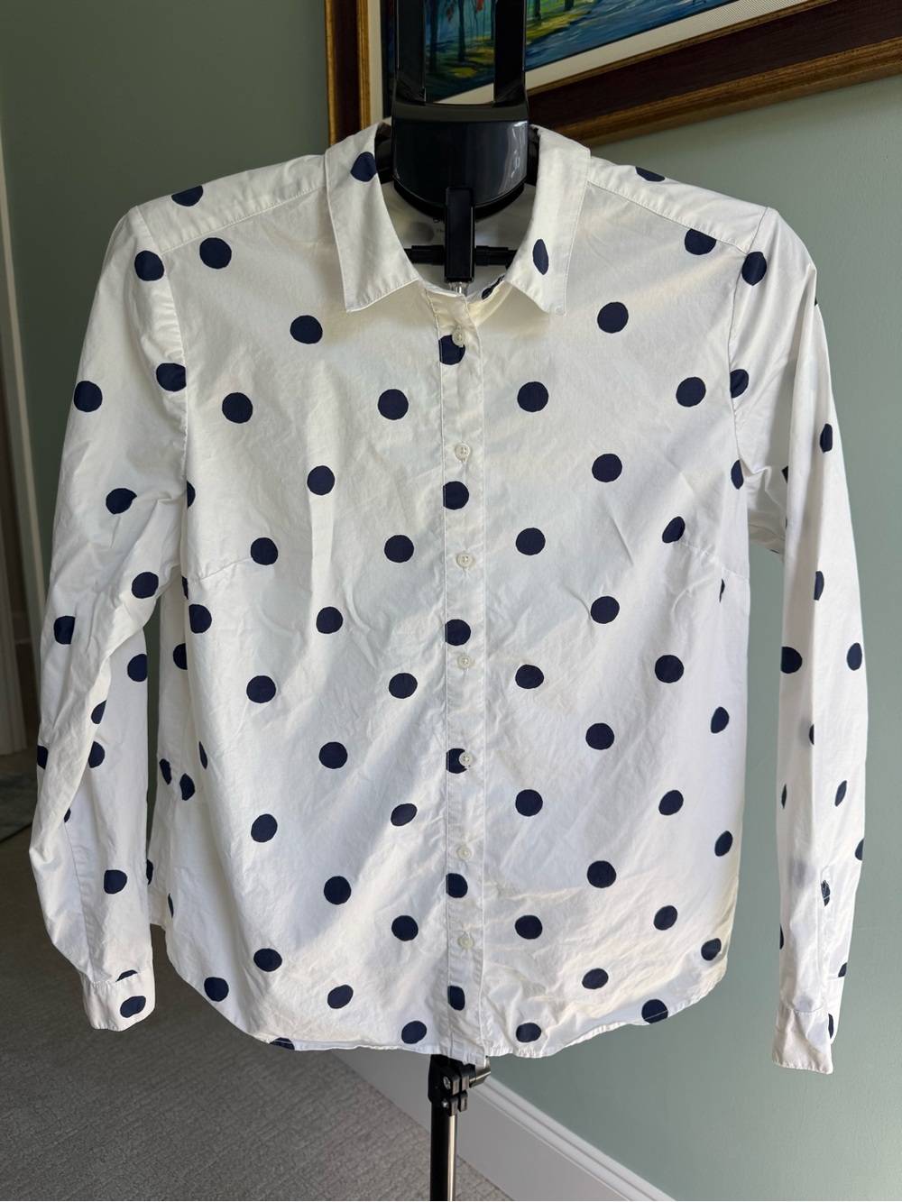 Boden Classic Polka Dot Button Down Shirt Long Sleeve White Navy Size 12